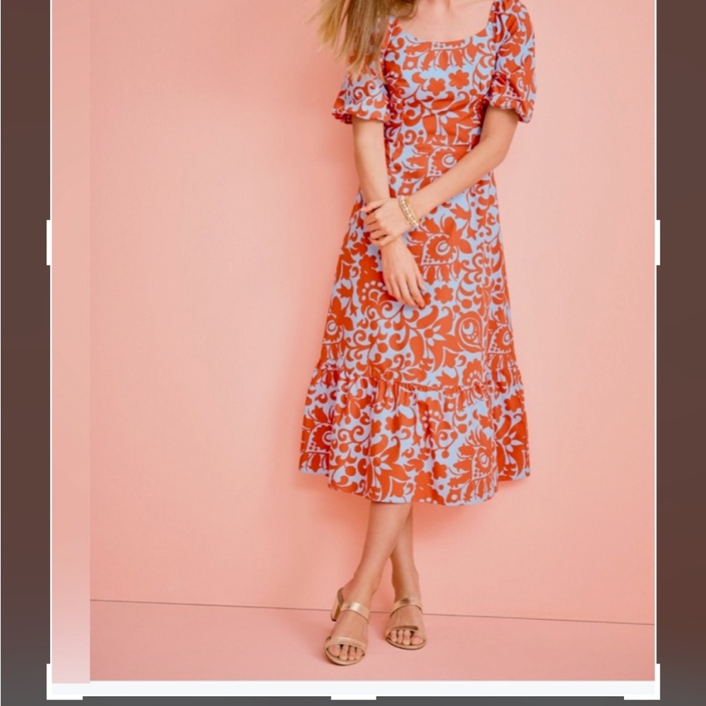 Talbots Summer Spring Orange and White Jacobean Puff Sleeve Midi Dress NWT